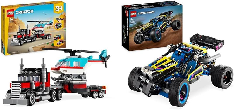 LEGO Creator 3in1 Tieflader mit Hubschrauber, Fahrzeuge-Set & Technic Offroad Rennbuggy, Auto-Spielz