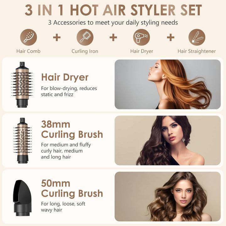 Warmluftbürste Rotierend Set, 3 in 1 Air Styler mit Föhnbürste, Warmluftbürste, Haartrockner Thermal