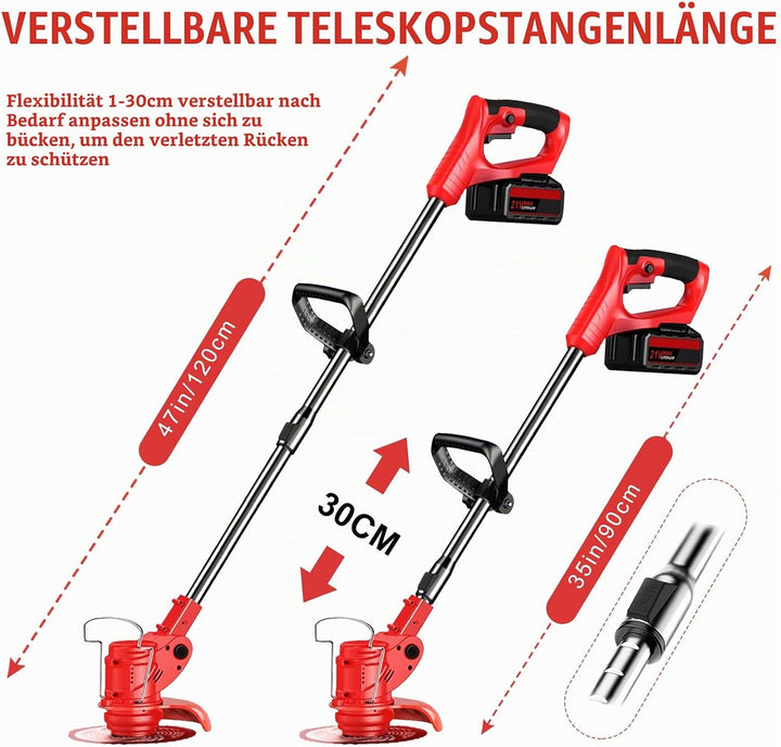 Rasentrimmer mit Akku und Messern 21V Freischneider mit 2 * 2.0 Ah Akkus und Ladegerät 3 in1 Elektri