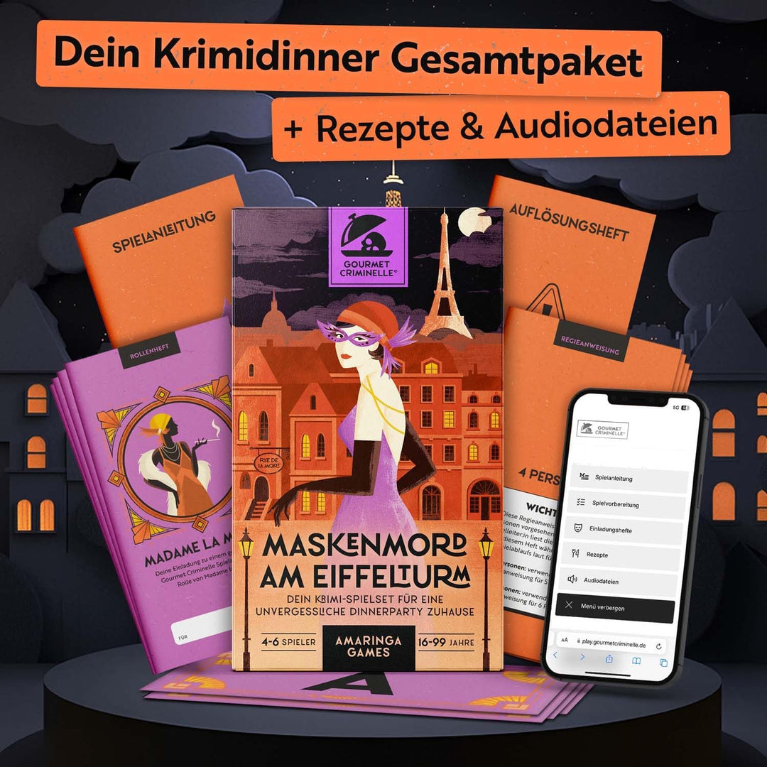 Gourmet Criminelle® Krimidinner für zuhause I 4-6 Personen I Mysteriöser Mordfall Maskenmord am Eiff