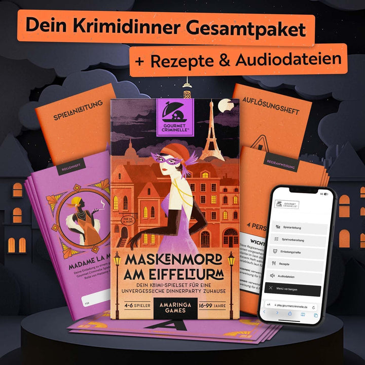 Gourmet Criminelle® Krimidinner für zuhause I 4-6 Personen I Mysteriöser Mordfall Maskenmord am Eiff