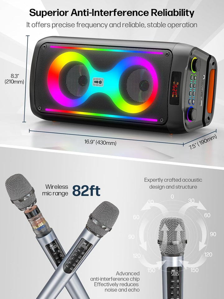 Karaoke-Maschine, Tragbarer Bluetooth-Lautsprecher mit 2 drahtlosen Mikrofonen für Erwachsene, PA-Sy