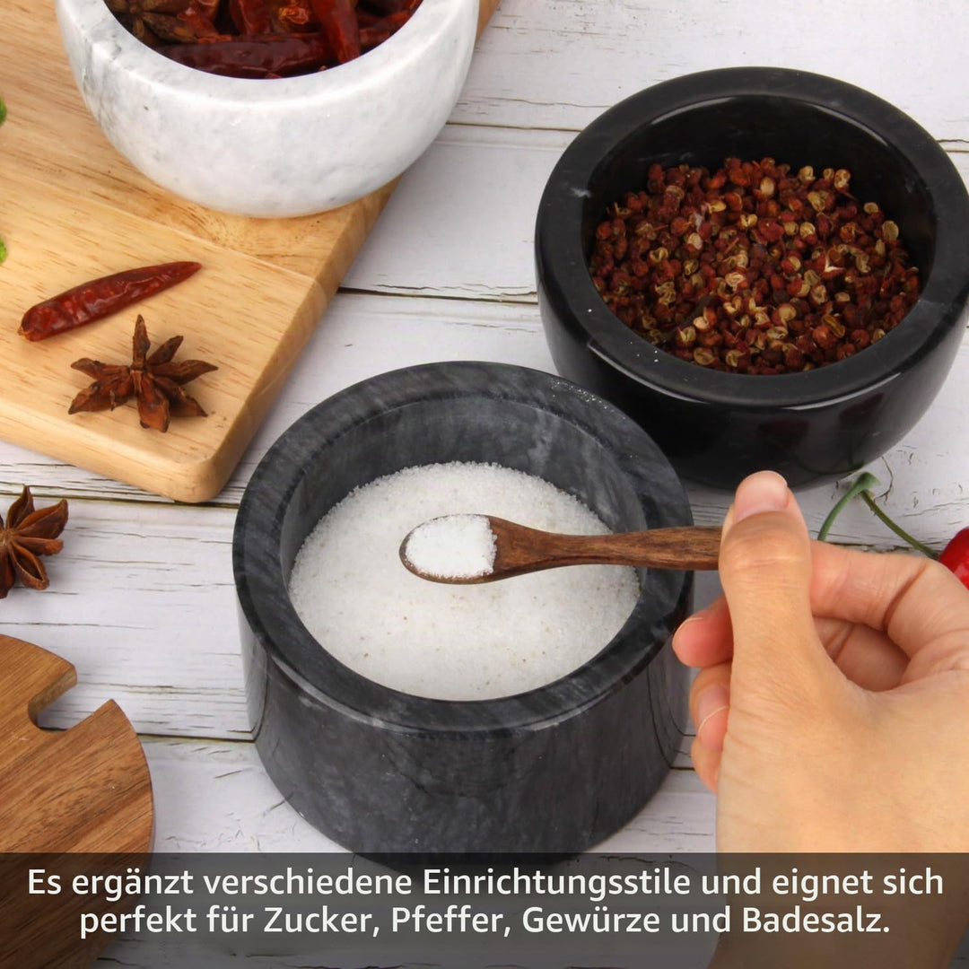 Salzstreuer Marmor mit Holzdeckel und Löffel Salz- oder Pfefferstreuerschale aus Stein, Gewürzbehält