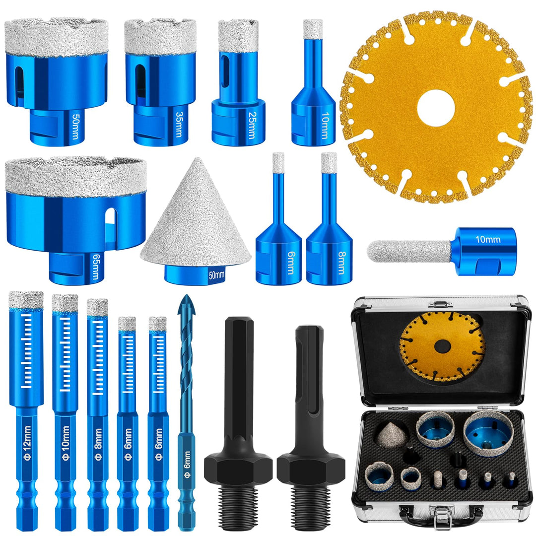 Diamant Fliesenbohrer Set, 18 Stück M14 Gewinde 6/8/10/25/35/50/65mm +M6 Schaft 6/8/10/12mm+Diamant