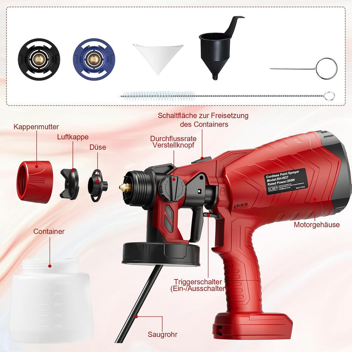 Kabelloser Farbsprühsystem für Milwaukee 18V Akku (ohne Akku), 3 Sprühmuster,2 Düsen,1000mL Tank,Akk