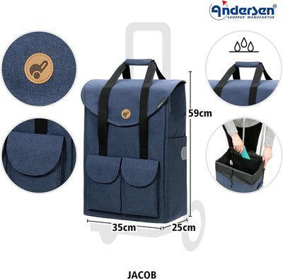 Andersen Shopper Royal XXL Sondermodell Alu klappbar mit Rad Ø 25 cm und 54 Liter Tasche Jacob blau