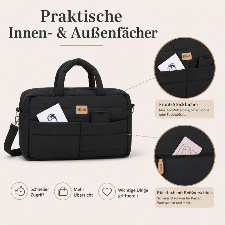 Fillikid Wickeltasche Toulouse Exklusiv | Inkl. Wickelauflage | Grosse Windeltasche mit Schultergurt