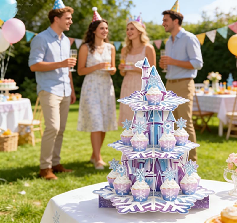 Blau-lila Schneeschloss-Tortenständer, Cupcake-Ränder und kleine Dekostäbchen, Schneeschloss, dreist