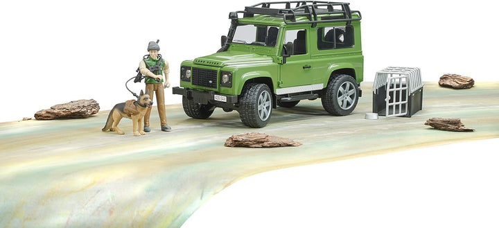 bruder 02587 - Land Rover Defender Station Wagon mit Förster & Hund - 1:16 Geländewagen Jeep Pick-up