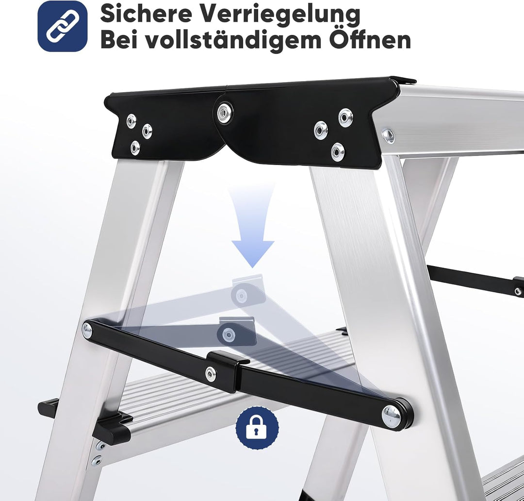 Sekey Klappbare Leiter aus Aluminium 2 Stufen, Aluleiter Beidseitig Begehbar, Klappleiter mit rutsch
