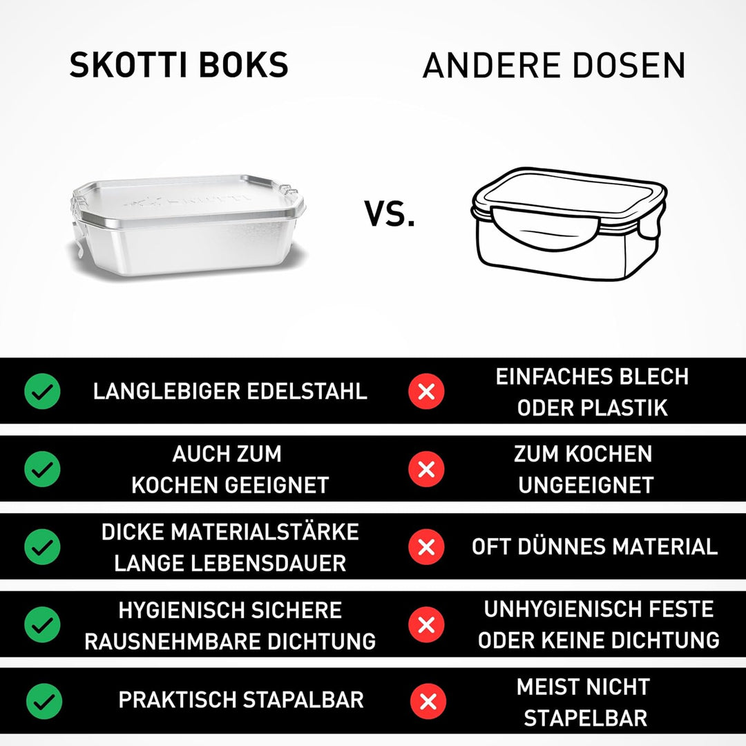 SKOTTI Boks 1,0L, Edelstahl, stapelbare und auslaufsichere Brotbox, auch als Topf oder Pfanne nutzba