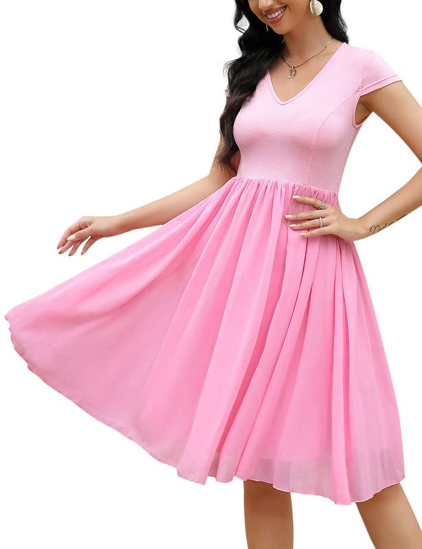 Clearlove Damen Kleider V-Ausschnitt Halbarm Mesh Kleid mit Doppelschicht Chiffon Saum Freizeitkleid