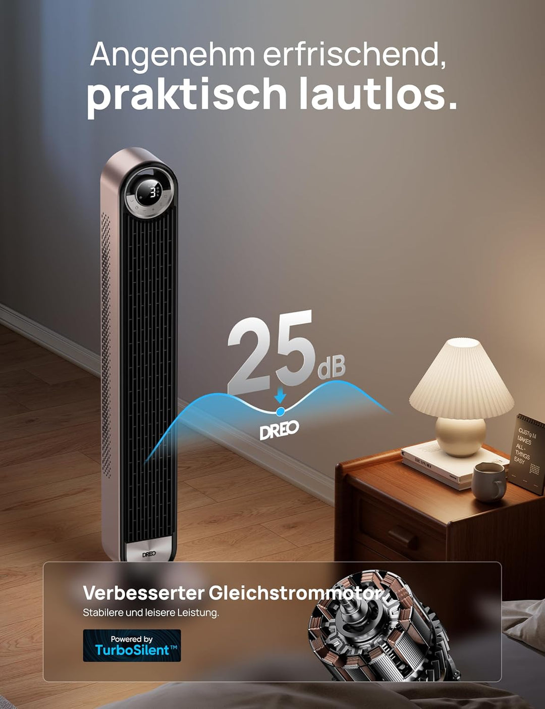 Dreo 25dB Smart Leiser Turmventilator mit Kühlung, 106cm WiFi Alexa Tower Fan, 90° oszillierender Ve