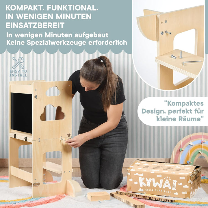 Lernturm ab 1 Jahr klappbar – Lernturm klappbar 3 in 1 Premium: wandelbar zum Schreibtisch mit Tafel