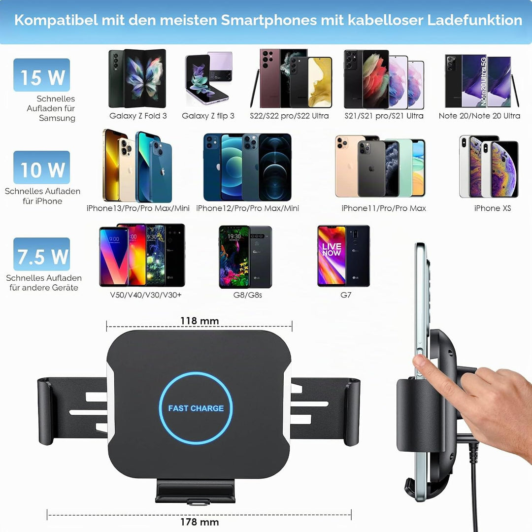 15W Qi Auto Handyhalterung Mit Ladefunktion, Doppelspule Kabelloses Autoladegerät Schnellladegerät,