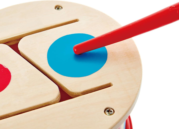 Hape Doppelseitige Holztrommel - Musikspielzeug für Kleinkinder, beidseitige Trommelflächen und stab