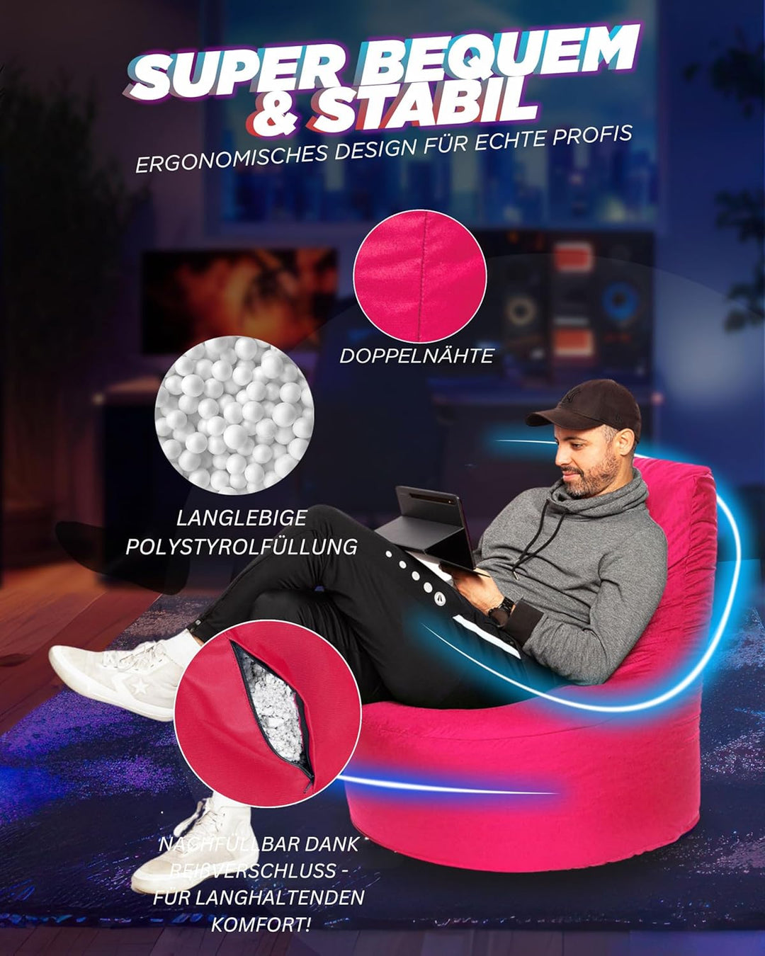 PATCH HOME Gamer Kissen & Lounge Sitzsack – befüllbar mit Reissverschluss, gefüllt mit Styropor, gee