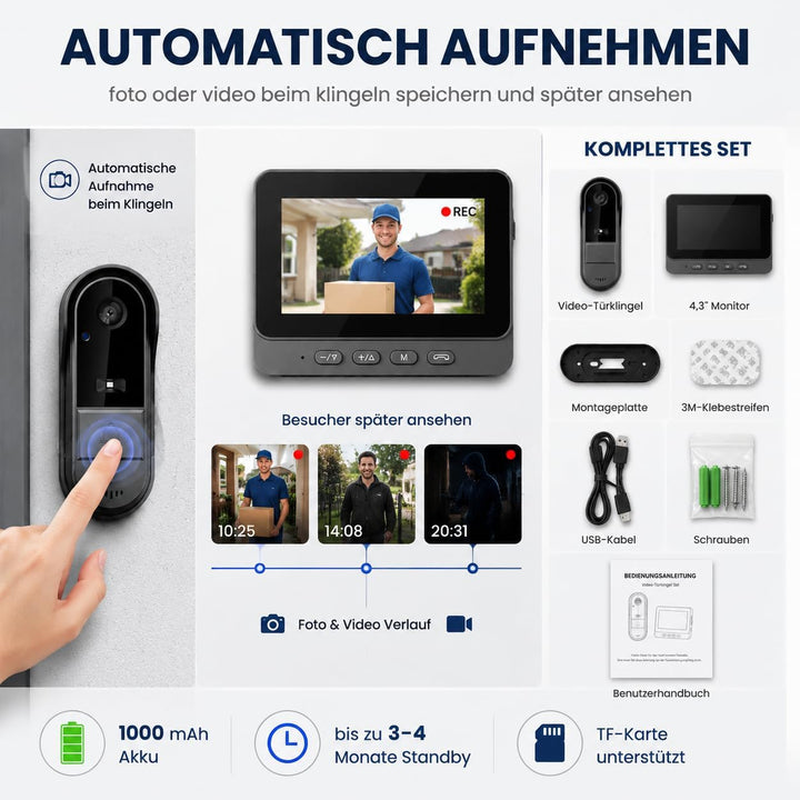 TKMARS Video Türklingel Kabellos Videotürklingel mit Monitor 170°Türklingel mit Kamera Unterstützt B