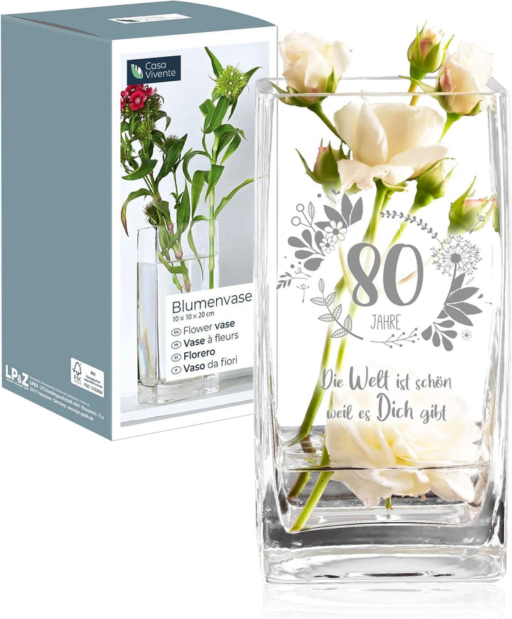 Casa Vivente Vase zum 80. Geburtstag mit süsser Gravur, Eckige Glasvase mit Alter und Spruch als Geb