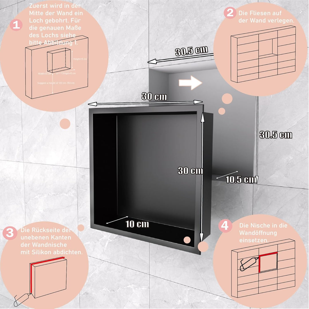 Wandmontierter Duschschrank Schwarz 30x30x10 cm Edelstahl-Duschablage mit unterputziger Basis, geeig