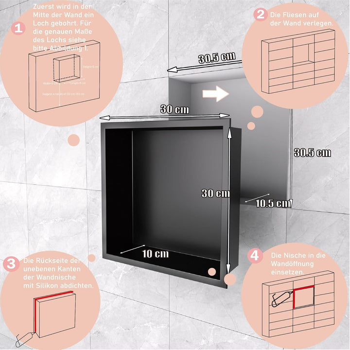 Wandmontierter Duschschrank Schwarz 30x30x10 cm Edelstahl-Duschablage mit unterputziger Basis, geeig