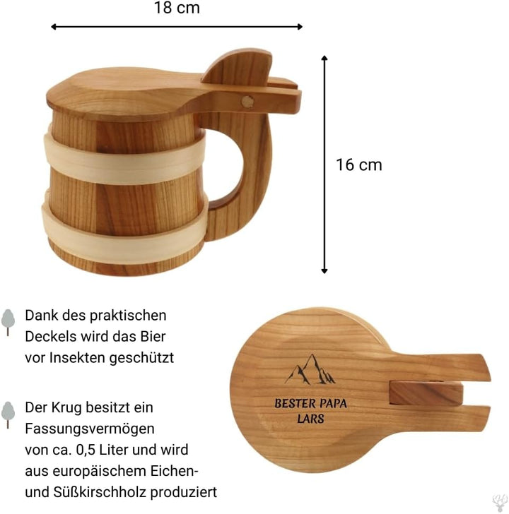 HOFMEISTER® Bierkrug aus Holz - 18 cm - personalisiert mit Lieblingsmotiv und Name - tolles Geschenk