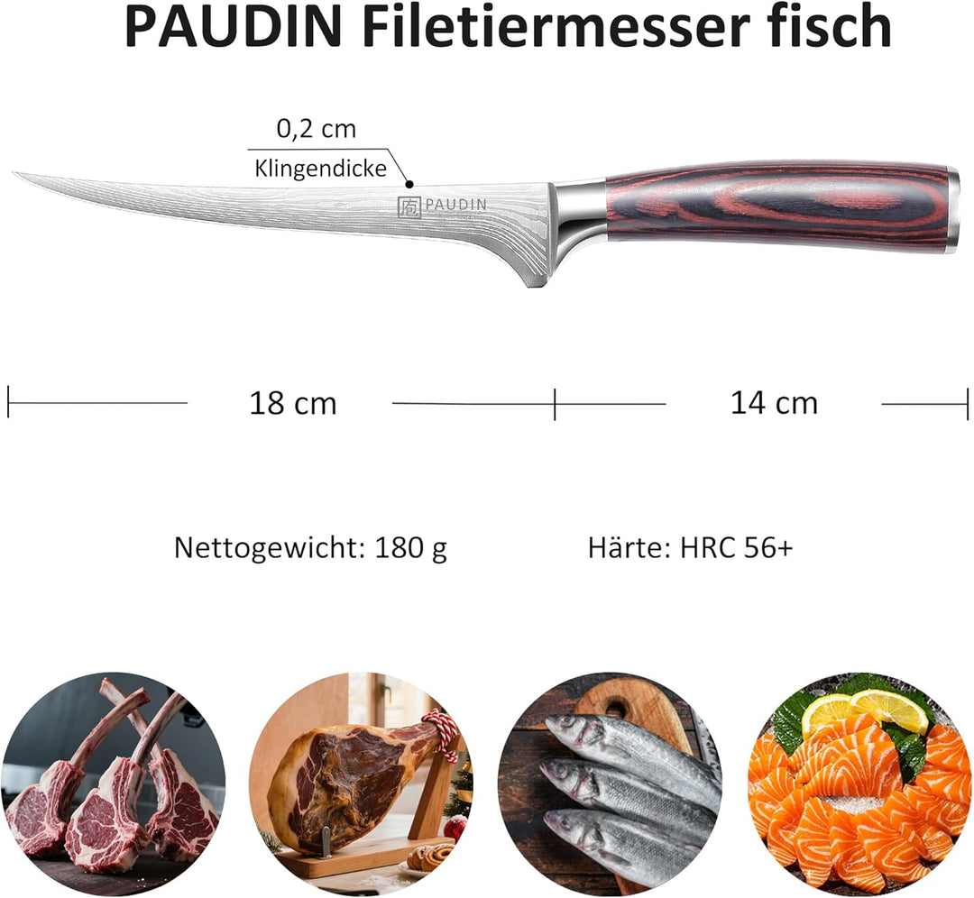 PAUDIN Filetiermesser Fisch 18 cm, Professionelles Küchenmesser Fischmesser, Ausbeinmesser aus Hochw