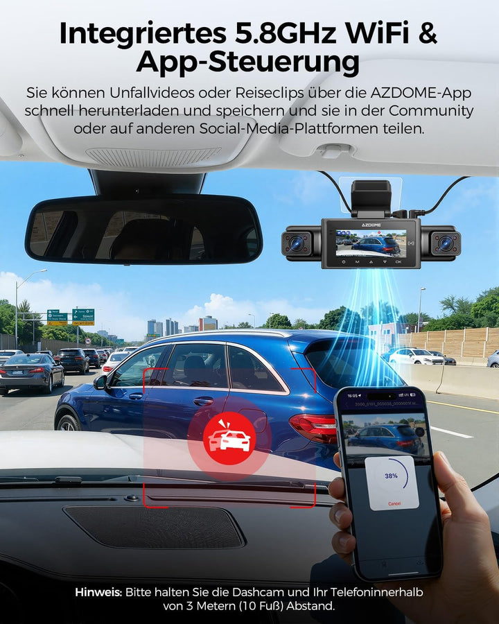 AZDOME Dashcam Auto 4 Kanal 360 Grad Dashcam mit Apple Find My (nur iOS), 5.8GHz WiFi, 64-GB-Karte,