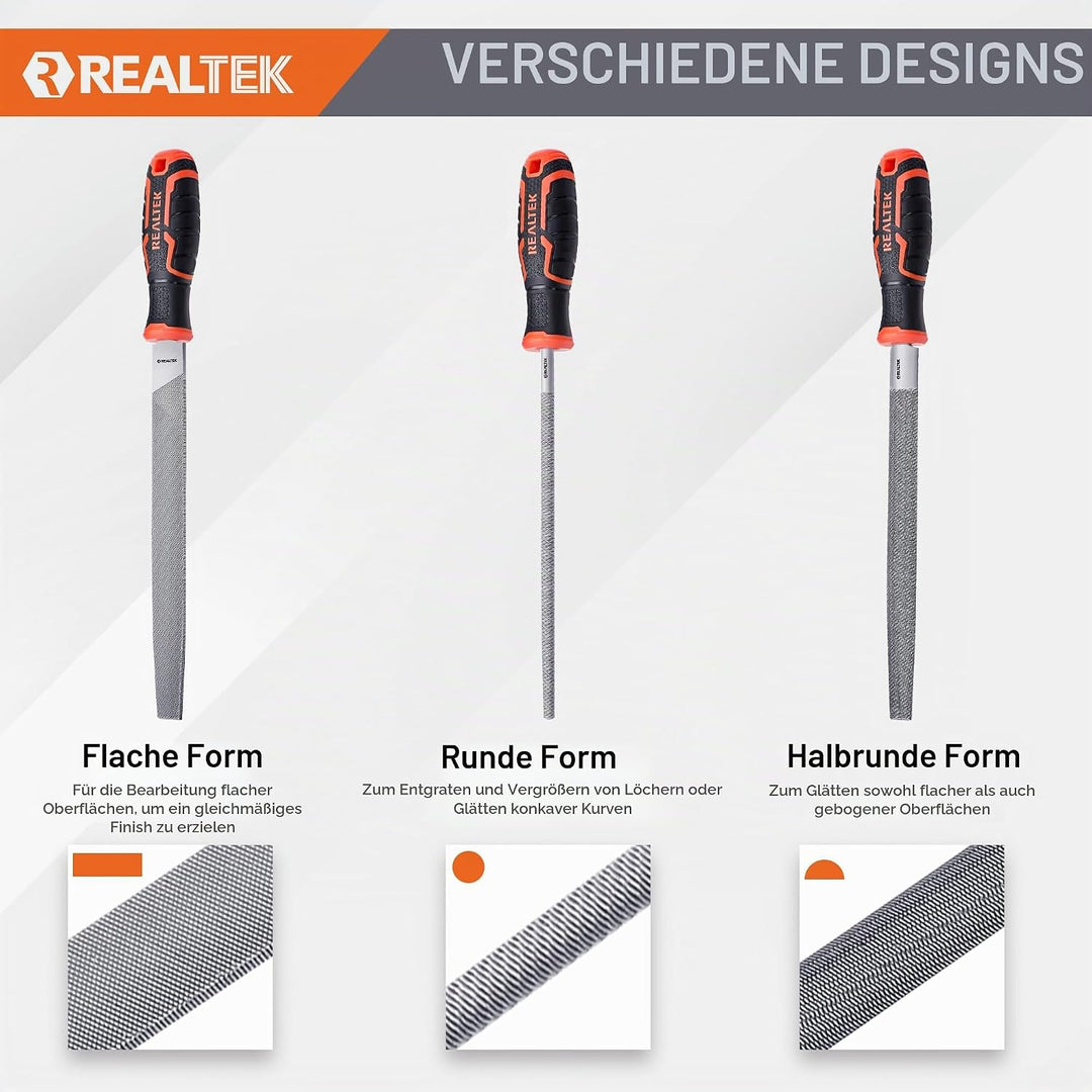 REALTEK Feilenset Metall 3tlg. inkl. Flachstumpfeile, Halbrundfeile, Rundfeile, 200mm, Metallfeile m