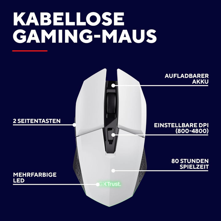 Trust Gaming GXT 110W Felox Wiederaufladbare Kabellose Gaming-Maus, 80 Stunden Akkulaufzeit, 800-480