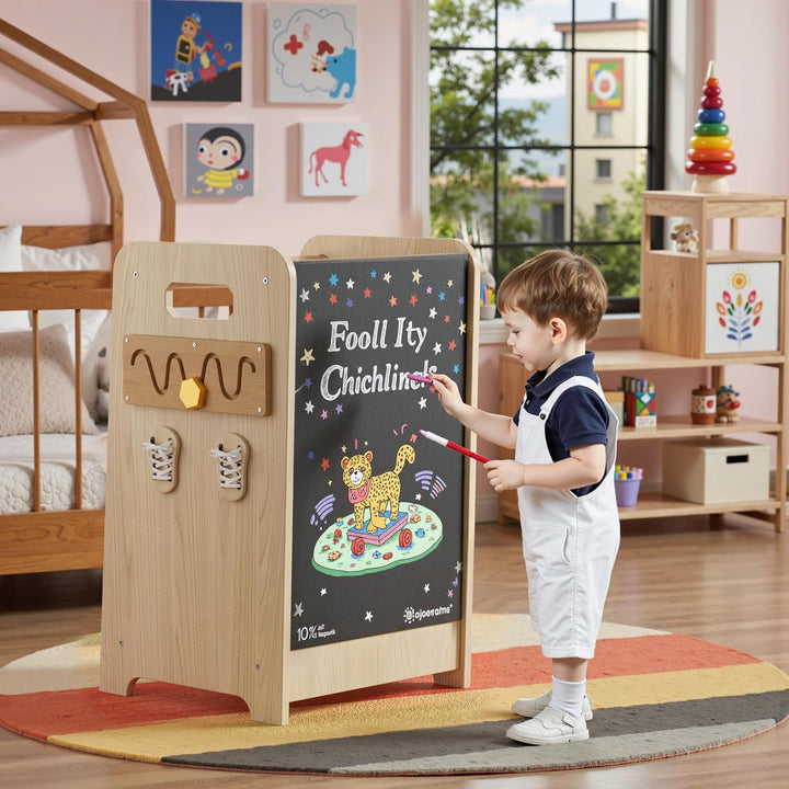 Montessori Lernturm ab 1 Jahr 4-in-1 Trittleiter Holz mit Tafel & Schiebeleiter 4-Fach Höhenverstell