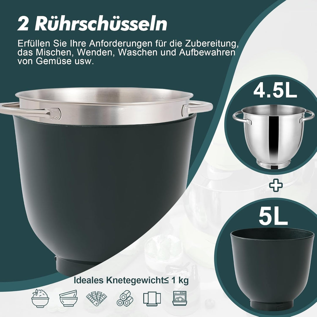 Kitchen in the box Küchenmaschine, 4,5 L & 5 L Knetmaschine, 10+P Geschwindigkeits Teigmaschine mit