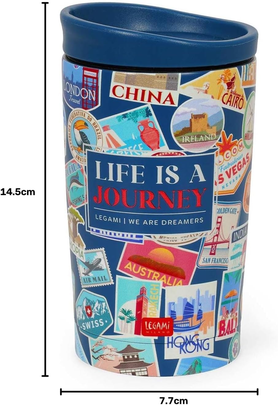 Legami - Thermobecher Hot&Cold Vacuum Tumbler, Travel Stickers, luftdichter Verschluss, aus Edelstah
