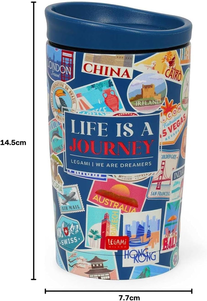 Legami - Thermobecher Hot&Cold Vacuum Tumbler, Travel Stickers, luftdichter Verschluss, aus Edelstah