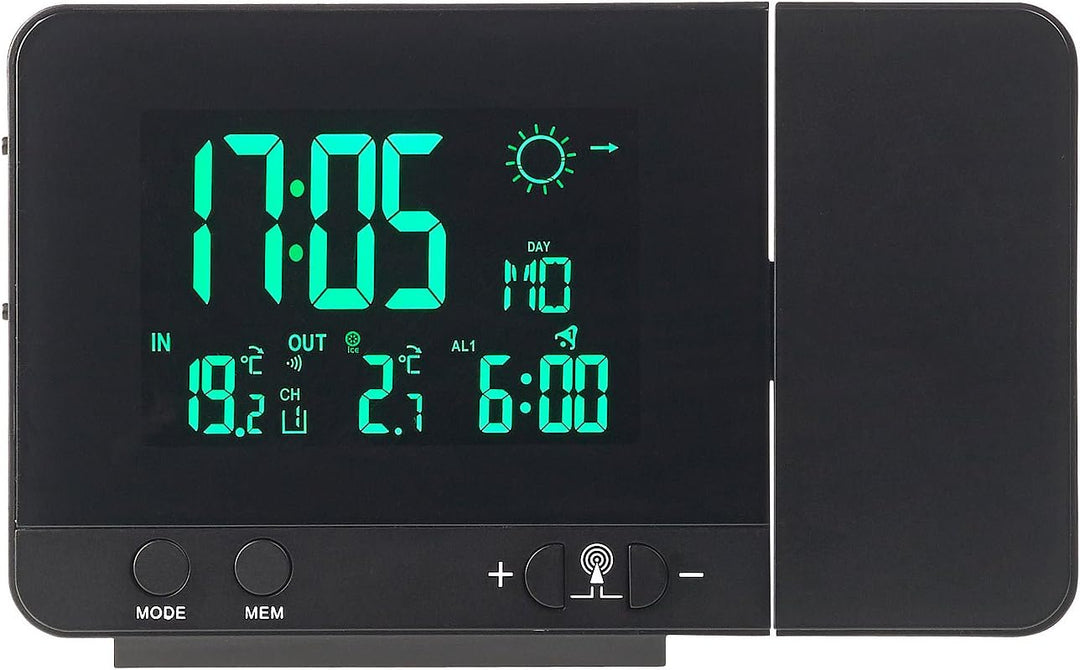 infactory Funk Projektionswecker: Funk-Wetterstation mit Projektions-Wecker, Aussensensor & USB, sch
