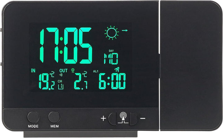 infactory Funk Projektionswecker: Funk-Wetterstation mit Projektions-Wecker, Aussensensor & USB, sch
