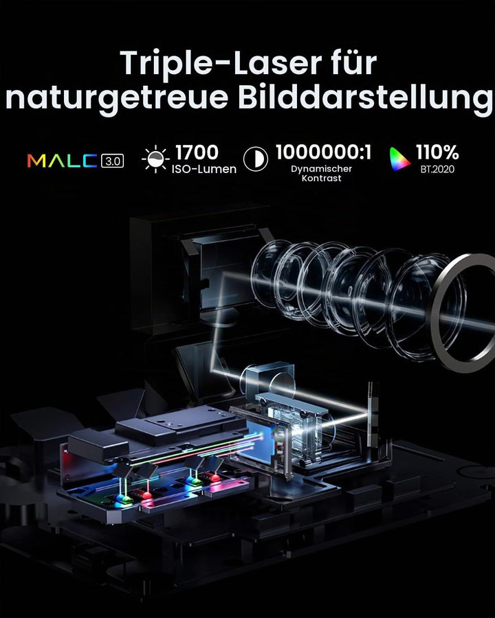JMGO N1S 4K UHD Mini Beamer, Triple Laser Projektor, 1700 ISO Lumen, Gimbal Echtzeit Autofokus, Goog