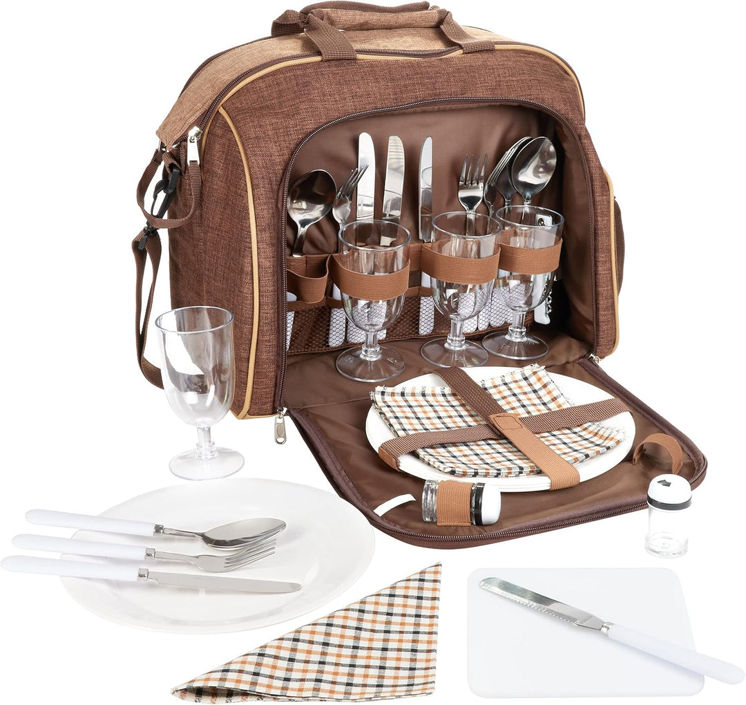 BRUBAKER Picknicktasche für 4 Personen mit Kühlfach - tragbar als Duffelbag oder Schultertasche - Br