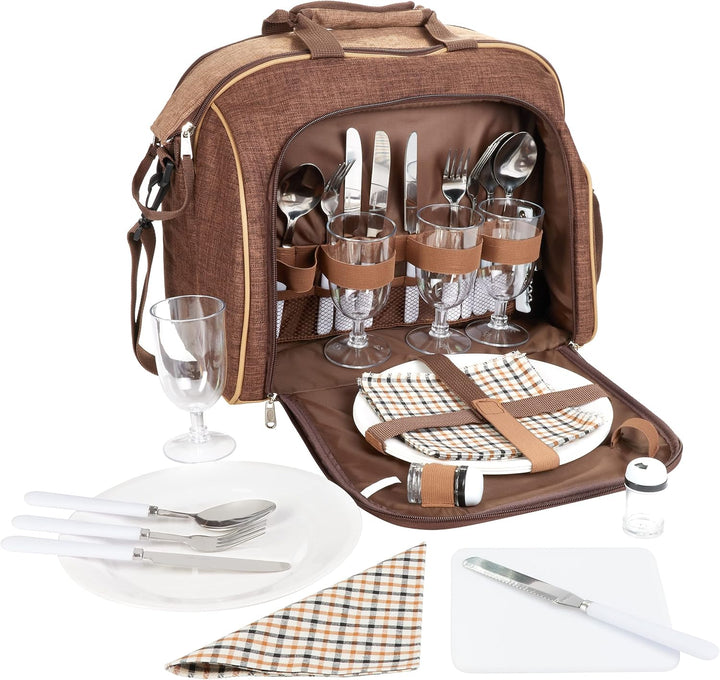 BRUBAKER Picknicktasche für 4 Personen mit Kühlfach - tragbar als Duffelbag oder Schultertasche - Br