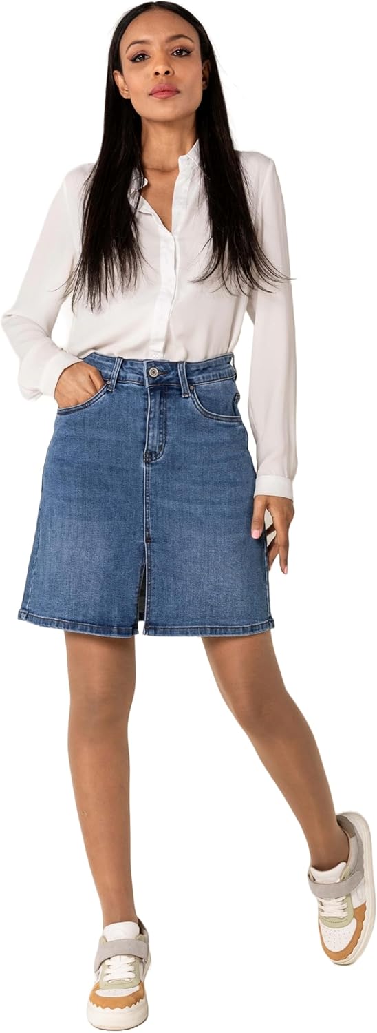 Nina Carter P213 Damen Kurzer Jeansrock mit Vorderem Schlitz Reissverschluss Stretch Used-Look Blau