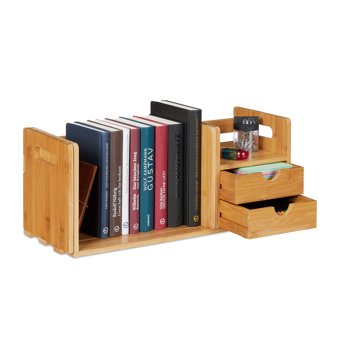 Relaxdays Schreibtisch Organizer Bambus, 2 Schubladen, Bücherregal ausziehbar, Ablage, HxBxT: 21 x 8