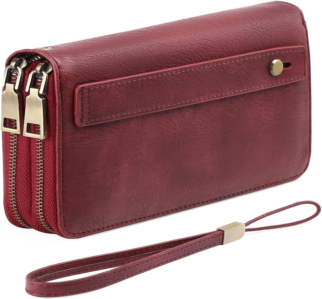 GAEKEAO Geldbörse Damen Gross, Portemonnaie Damen Veganes Leder Doppel Reissverschluss Kreditkartene