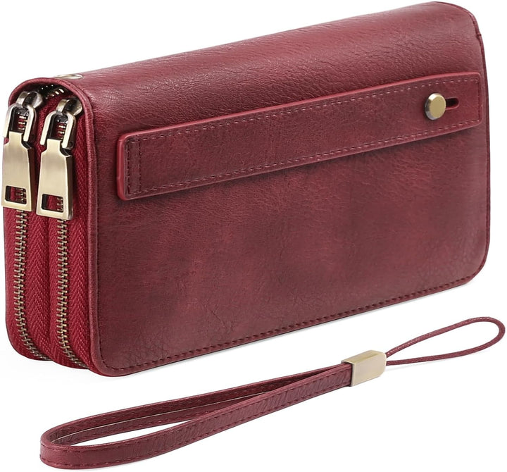 GAEKEAO Geldbörse Damen Gross, Portemonnaie Damen Veganes Leder Doppel Reissverschluss Kreditkartene