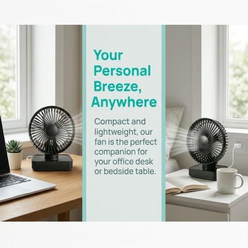Tischventilator Leise Automatisch Oszillierend, 4000mAh Akku USB 5 Geschwindigkeiten LED-Digitalanze