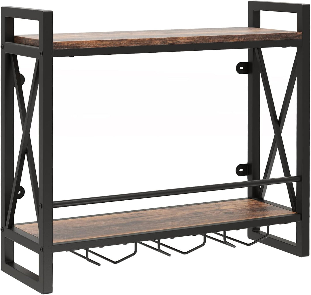 COSTWAY 2 Ebenen Weinregal Wand, Flaschenregal Holz mit Metallrahmen, mit 3 Reihen Weingläserhalter,