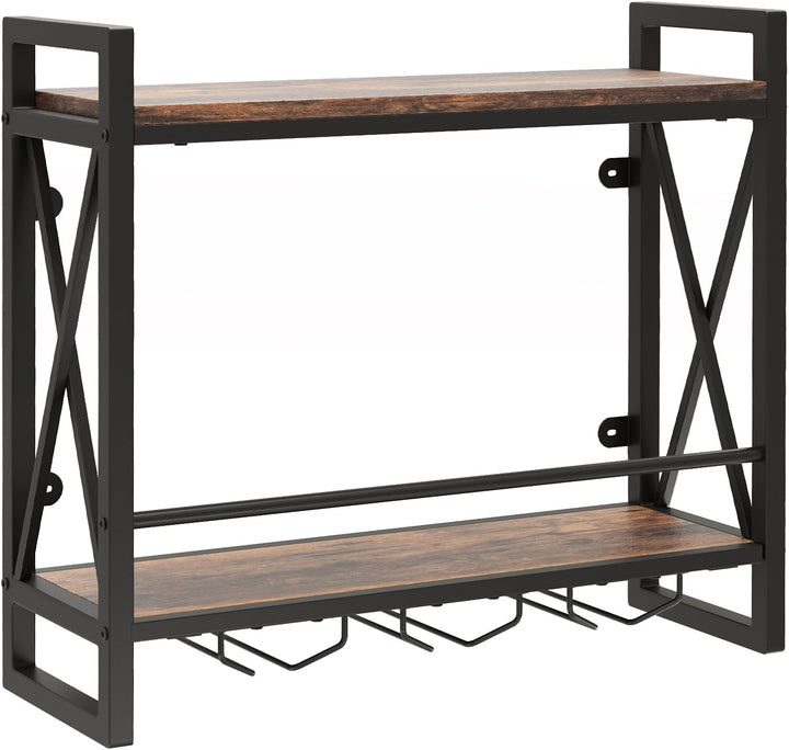 COSTWAY 2 Ebenen Weinregal Wand, Flaschenregal Holz mit Metallrahmen, mit 3 Reihen Weingläserhalter,