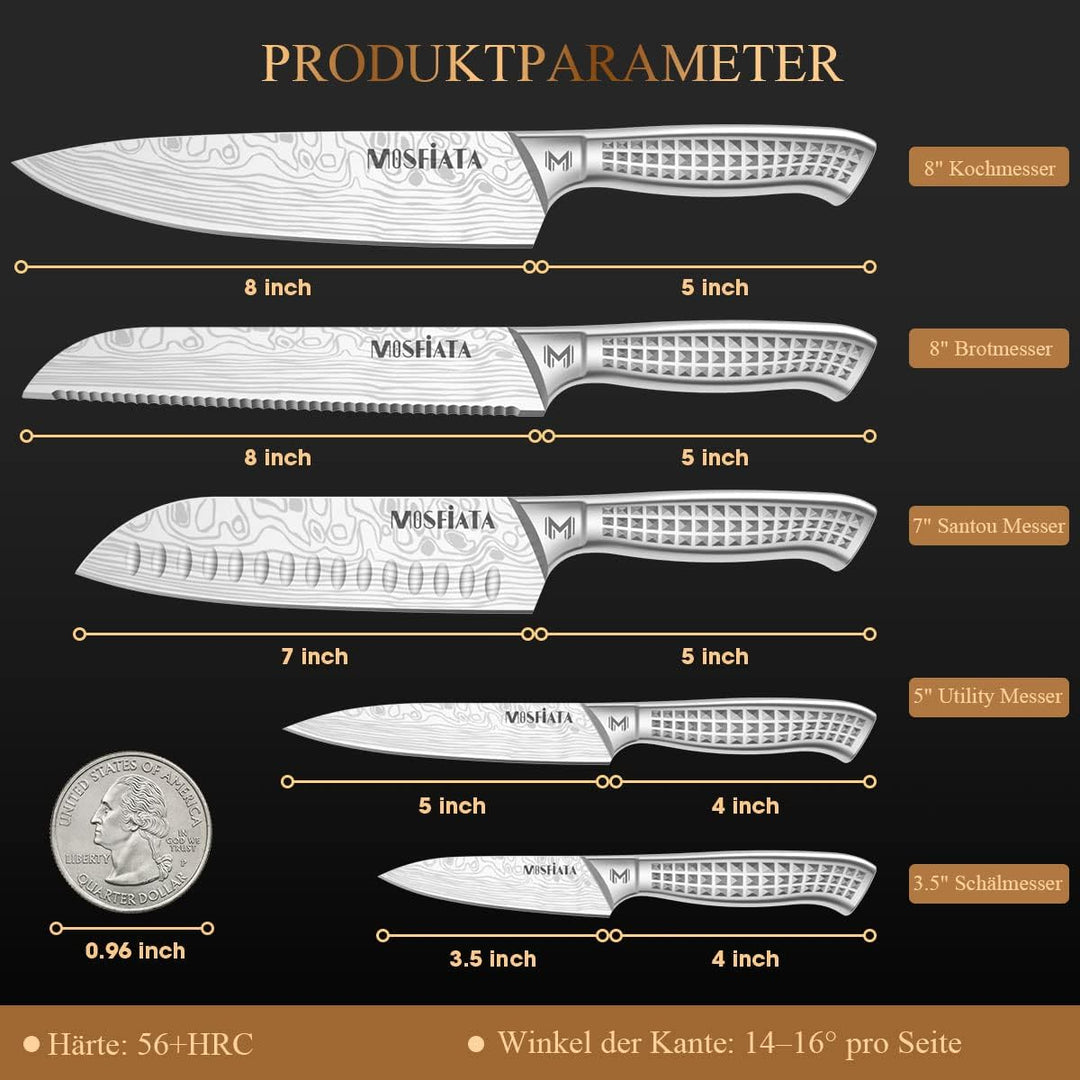 MOSFiATA Küchenmesser Set Edelstahl, 5pcs Küchenmessersets, Kochmesser, Santoku Messer, Utility Mess