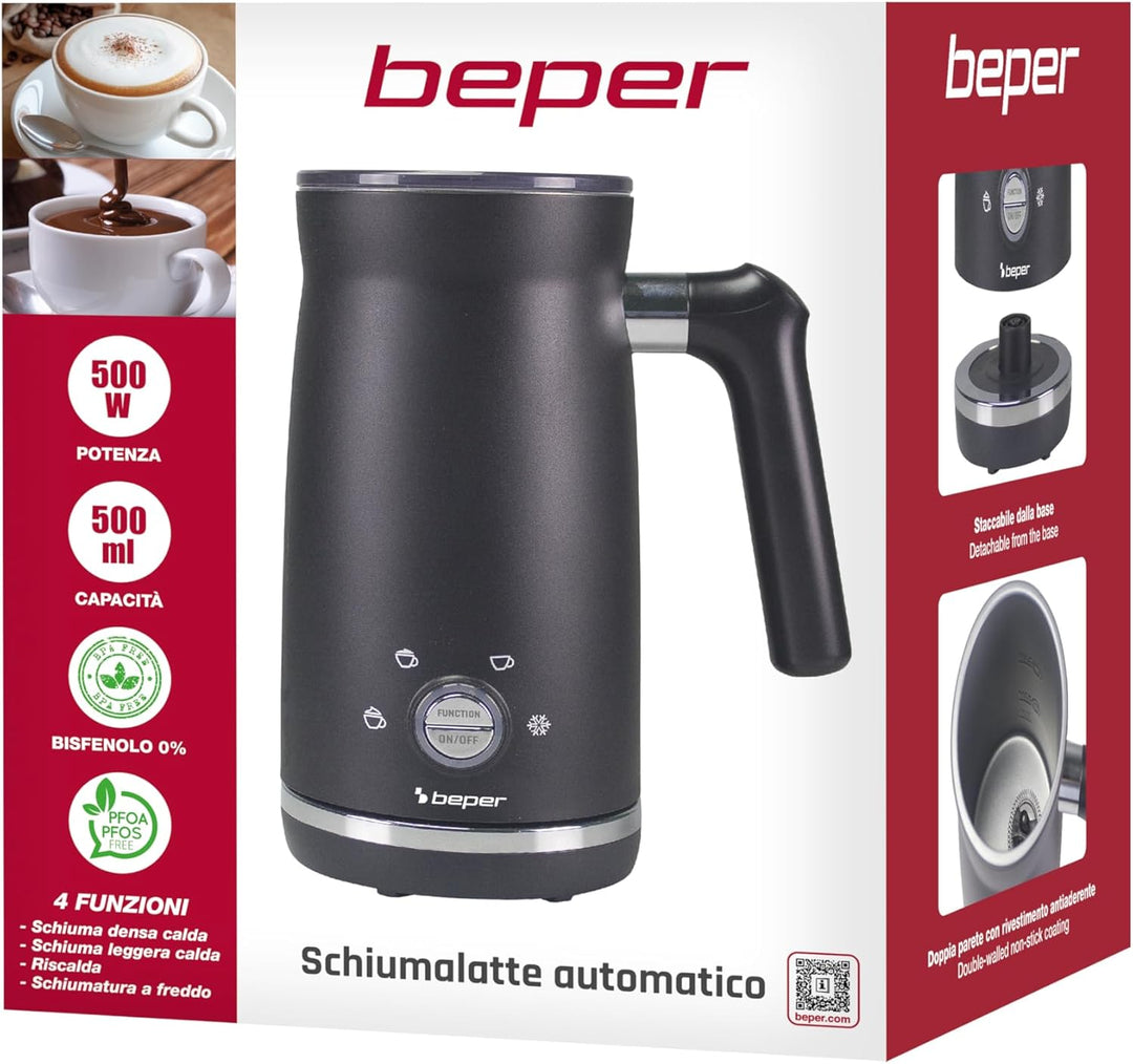 BEPER P101CAF001 Elektrischer Milchaufschäumer, Milchaufschäumer mit Deckel, 300 ml, Schwarz, 4 Funk
