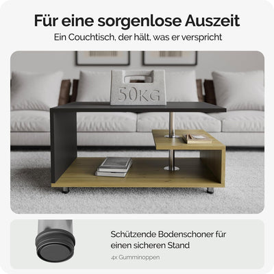 Casaria® Couchtisch Grau Holz Modern mit Stauraum 95x55cm Edelstahl Füsse Rund Höhenverstellbar Abla