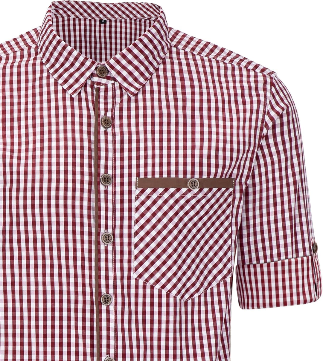 Dirndlwelle Trachtenhemd Herren,100% Baumwolle Rot/Grün/Weiss Oktoberfest Trachtenhemd Herren Langar